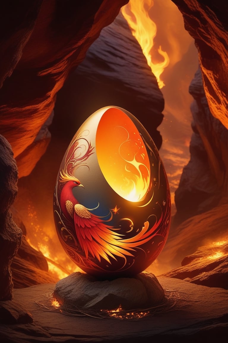 Imagine a phoenix egg, an object of great beauty and mystery. It is nestled within a nest of golden flames, protected and warmed by the fire. The egg itself is not ordinary; it radiates with a warm, glowing light, hinting at the incredible creature inside. Its surface is a vibrant mix of red, orange, and gold, reminiscent of a sunset, with patterns that resemble flickering flames dancing across it. The egg is surrounded by ashes and embers, symbols of the phoenix's cycle of death and rebirth. The background is a dimly lit cave, adding to the mystical atmosphere, suggesting this is a rare and secretive moment we are witnessing.