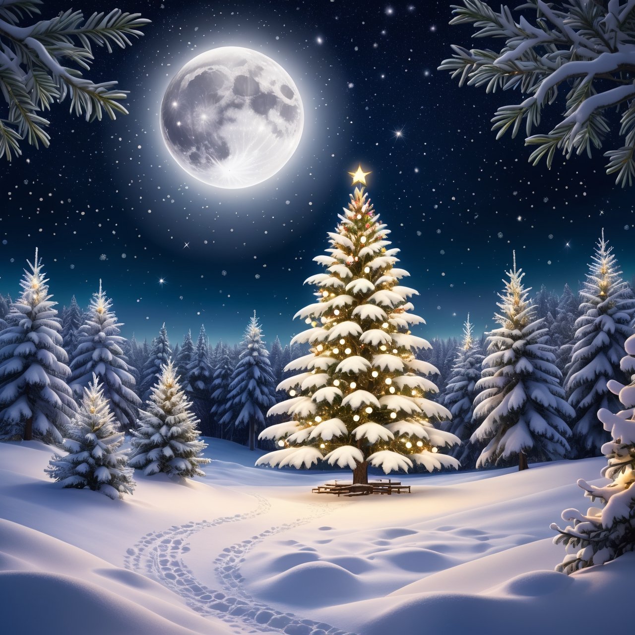 A magical Christmas image on a beautiful winter's night. A Christmas tree decorated with twinkling lights sits in the center of the image, surrounded by shimmering snow. In the dark sky, the full moon shines brightly, while the stars flash like small lights in the background. The snow is falling gently, and in the distance you can see some trees lit up by beautiful festive lights.