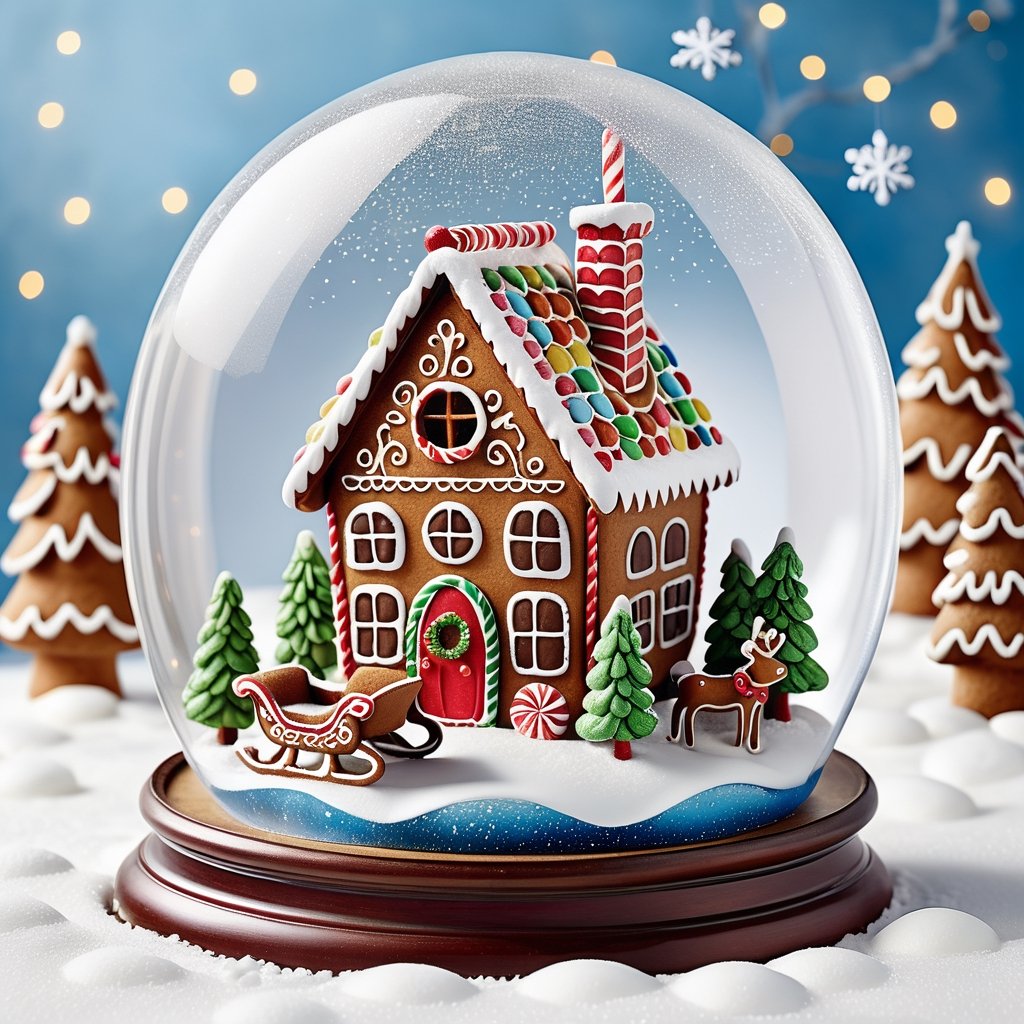 An image of a gingerbread house, sleigh, and snow globe set in the snowy Christmas landscape, creating a festive scenery. ,more detail XL