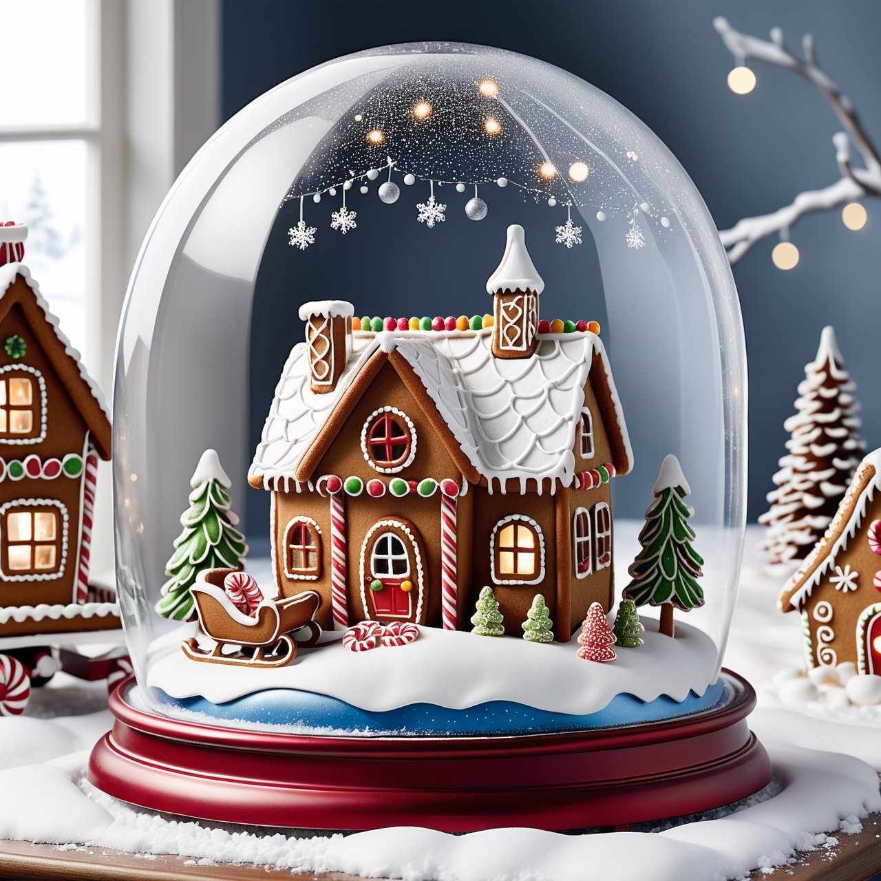 An image of a gingerbread house, sleigh, and snow globe set in the snowy Christmas landscape, creating a festive scenery. ,more detail XL