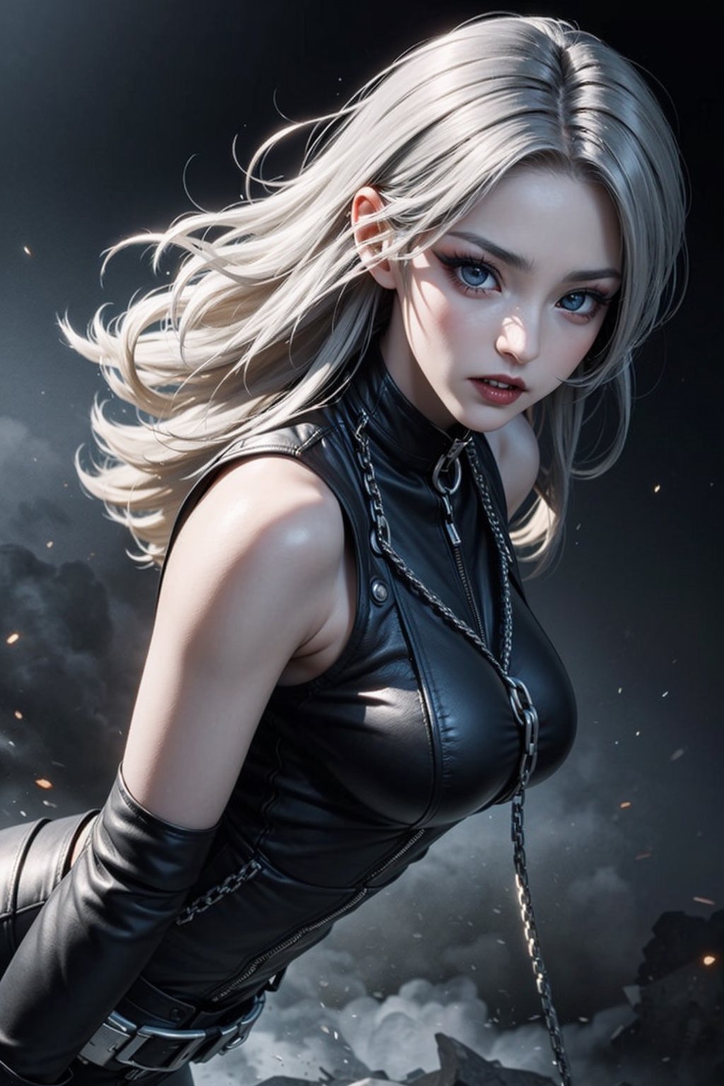 ultra realistic, super high resolutions, best quality, masterpiece, depth of field, realistic, photo-realistic, cinematic, young and beautiful female, 1female vampire, (ultra white skin), perfect face, smooth soft skin, buxom, fit, graceful, finely detailed beautiful face, finely detailed, beautiful heterochromia eyes, vibrant, kind, wise, (long silver hair:1.38), brilliant, artistic color palette, color grading, Extremely detailed, dynamic lighting, sharp, (wearing Leather Biker OTW Noos Jacket:1.34), (open chest with braless:1.38), (braless:1.38), (black leather pants with iron chain:1.36), (long legs:1.34),  (biker boots:1.34), seductive smile, (135mm lens shots:1.36), (close up shots:1.32), (low angle shots:1.38), medium breast, (natural breast:1.36), (saggy breast:1.36),  walking at cemetery, perfect body figure, big blue light eyes, (heavy fog environment:1.36), (A pair of large wolf eyes looking at her:1.36),  walking, (vampire makeup:1.4), seductive look, hourglass body shape, iron chain on neck, iron chain on arms and legs, 