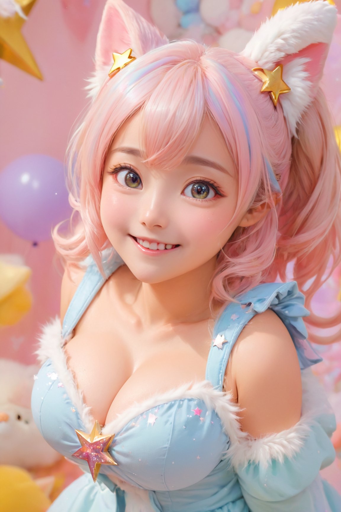 adorable_eyes,mischievous_smile,charming_outfit,fluffy_pet,kawaii_pose,pastel_background,star-shaped_weapon,masterpiece,best quality,highly detailed,sharp focus,dynamic lighting,vivid colors,texture detail,particle effects,storytelling elements,narrative flair,16k,UE5,HDR,subject-background isolation,beautymix,(big breasts :1.8),full body 