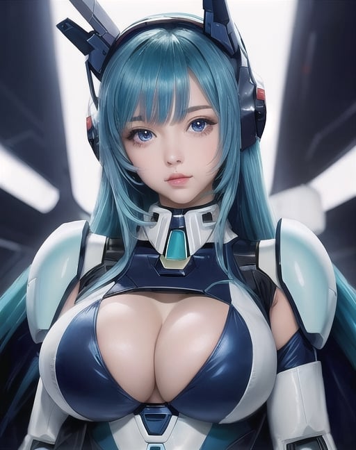 masterpiece, science fiction, scenery, 1girl, long hair, bangs, cute face, aqua blue hair color, (big breasts : 1.5), light blue eyes, mecha headgear, sci-fi bodysuits gear mecha gundam