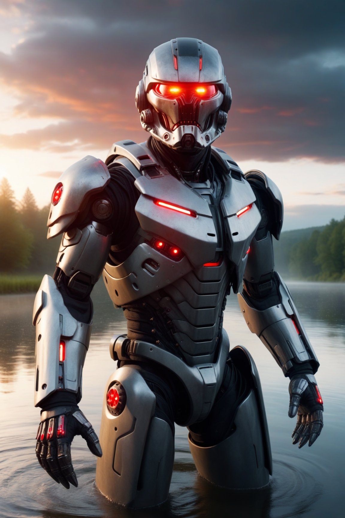 Raw photo, 8k uhd, dslr, photo-realistic, hyperrealism, 8k resolution, hdr, highly detailed, ultra detailed, river, the full body of a cyborg terminator in a helmet sticks out of the water, red eyes, slight morning fog, dawn, sunrise, clouds