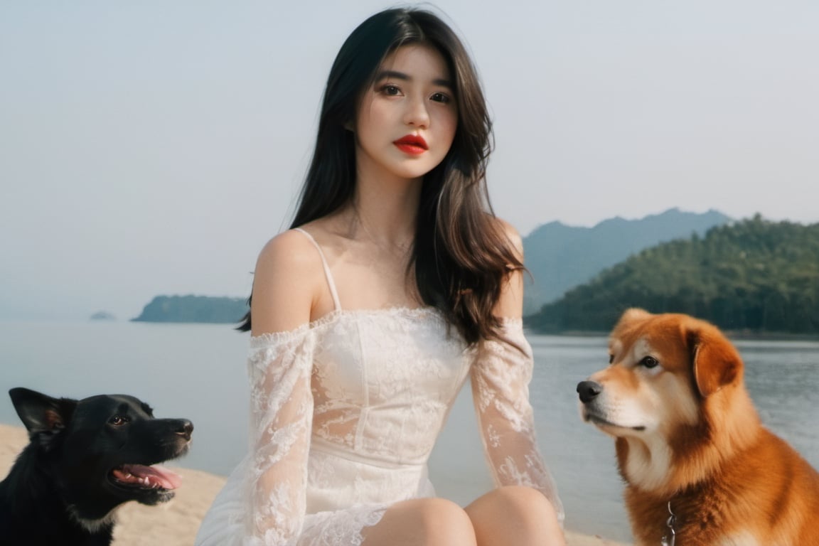 cinematic film still (masterpiece, best quality, ultra realistic, 32k, RAW photo, detailed skin, 8k uhd, high quality:1.2), FilmGirl, 1girl, Accompanied by a Siberian dog, black hair, tube dress, realistic, orange dress with blue, long hair, sitting, arms behind the head, bare shoulders, looking at viewer, lips apart, breasts, collarbone, black eyes, red lips, transparent, off shoulder, small breastsVonzy SDXL (LoRa) Indonesia, 2girl, Accompanied by a Siberian dog, black hair, dress, realistic, white dress with violet long hair, sitting, arms behind the head, bare shoulders, looking at viewer, lips apart, breasts, collarbone, black eyes, red lips, transparent, off shoulder, small breastsVonzy SDXL (LoRa) Indonesia