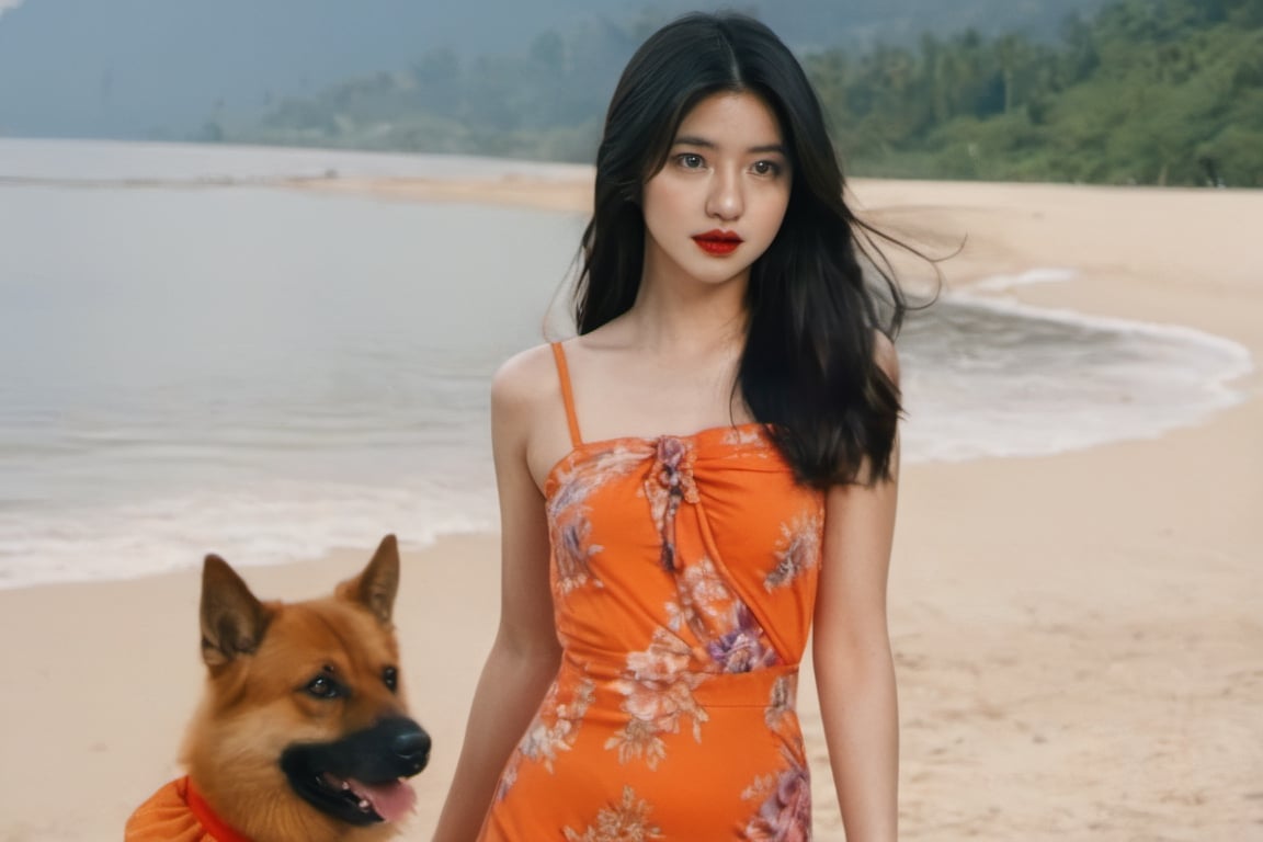 cinematic film still (masterpiece, best quality, ultra realistic, 32k, RAW photo, detailed skin, 8k uhd, high quality:1.2), FilmGirl, 1girl, Accompanied by a Siberian dog, black hair, tube dress, realistic, orange dress with blue, long hair, standing, arms behind the head, bare shoulders, looking at viewer, lips apart, breasts, collarbone, black eyes, red lips, transparent, off shoulder, small breastsVonzy SDXL (LoRa) Indonesia, 2girl, Accompanied by a Siberian dog, black hair, dress, realistic, orange dress with violet long hair, standing, arms behind the head, bare shoulders, looking at viewer, lips apart, breasts, collarbone, black eyes, red lips, transparent, off shoulder, small breastsVonzy SDXL (LoRa) Indonesia