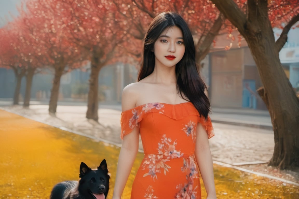 cinematic film still (masterpiece, best quality, ultra realistic, 32k, RAW photo, detailed skin, 8k uhd, high quality:1.2), FilmGirl, 1girl, Accompanied by a Siberian dog, black hair, tube dress, realistic, orange dress with blue, long hair, standing next to a cherry tree, arms behind the head, bare shoulders, looking at viewer, lips apart, breasts, collarbone, black eyes, red lips, transparent, off shoulder, small breastsVonzy SDXL (LoRa) Indonesia, 2girl, Accompanied by a Siberian dog, black hair, dress, realistic, orange dress with violet long hair, standing next to a cherry tree, arms behind the head, bare shoulders, looking at viewer, lips apart, breasts, collarbone, black eyes, red lips, transparent, off shoulder, small breastsVonzy SDXL (LoRa) Indonesia