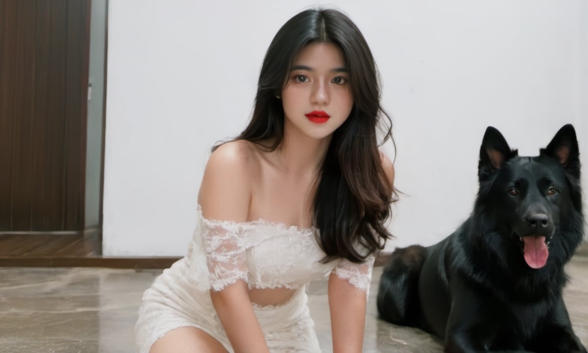 cinematic film still (masterpiece, best quality, ultra realistic, 32k, RAW photo, detailed skin, 8k uhd, high quality:1.2), FilmGirl, 1girl, Accompanied by a Siberian dog, black hair, tube dress, realistic, red dress, long hair, sitting, arms behind the head, bare shoulders, looking at viewer, lips apart, breasts, collarbone, black eyes, red lips, transparent, off shoulder, small breastsVonzy SDXL (LoRa) Indonesia, 2girl, Accompanied by a Siberian dog, black hair, dress, realistic, white dress, long hair, sitting, arms behind the head, bare shoulders, looking at viewer, lips apart, breasts, collarbone, black eyes, red lips, transparent, off shoulder, small breastsVonzy SDXL (LoRa) Indonesia