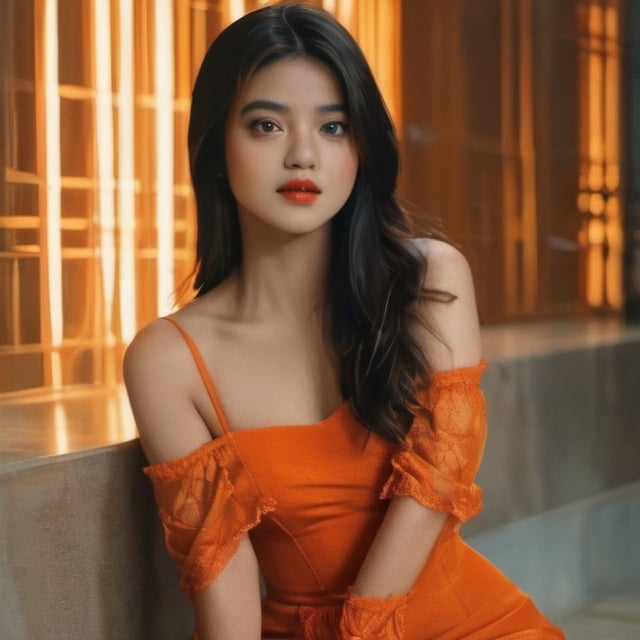 cinematic film still (masterpiece, best quality, ultra realistic, 32k, RAW photo, detailed skin, 8k uhd, high quality:1.2), FilmGirl, 1girl, solo, black hair, dress, realistic, orange dress, long hair, sitting, bare shoulders, looking at viewer, orange lips apart, breasts, collarbone, black eyes, lips, transparent, off shoulder, small breastsVonzy SDXL (LoRa) Indonesia