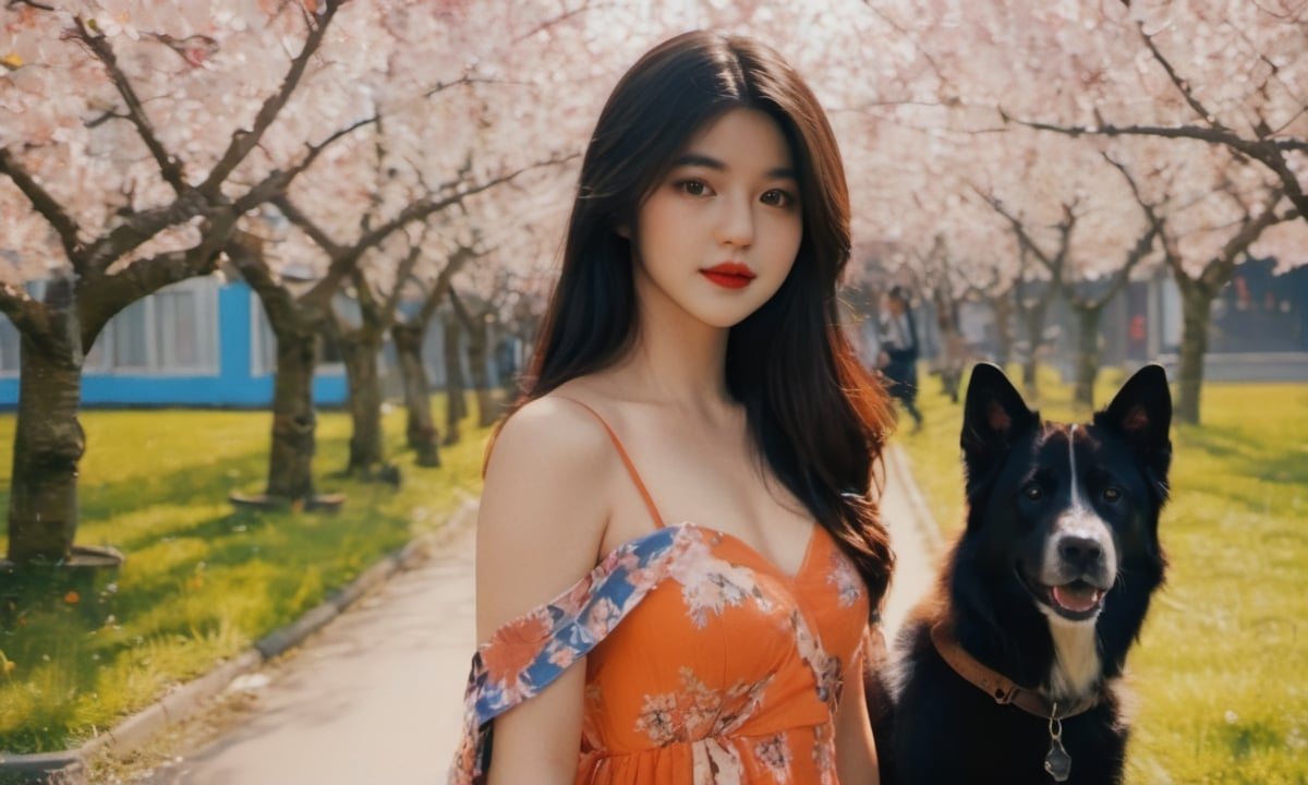 cinematic film still (masterpiece, best quality, ultra realistic, 32k, RAW photo, detailed skin, 8k uhd, high quality:1.2), FilmGirl, 1girl, Accompanied by a Siberian dog, black hair, tube dress, realistic, orange dress with blue, long hair, standing next to a cherry tree, arms behind the head, bare shoulders, looking at viewer, lips apart, very big breasts, collarbone, black eyes, red lips, transparent, off shoulder, very big breastsVonzy SDXL (LoRa) Indonesia, 2girl, Accompanied by a Siberian dog, black hair, dress, realistic, orange dress with violet long hair, standing next to a cherry tree, arms behind the head, bare shoulders, looking at viewer, lips apart, very big breasts, collarbone, black eyes, red lips, transparent, off shoulder, very big breastsVonzy SDXL (LoRa) Indonesia