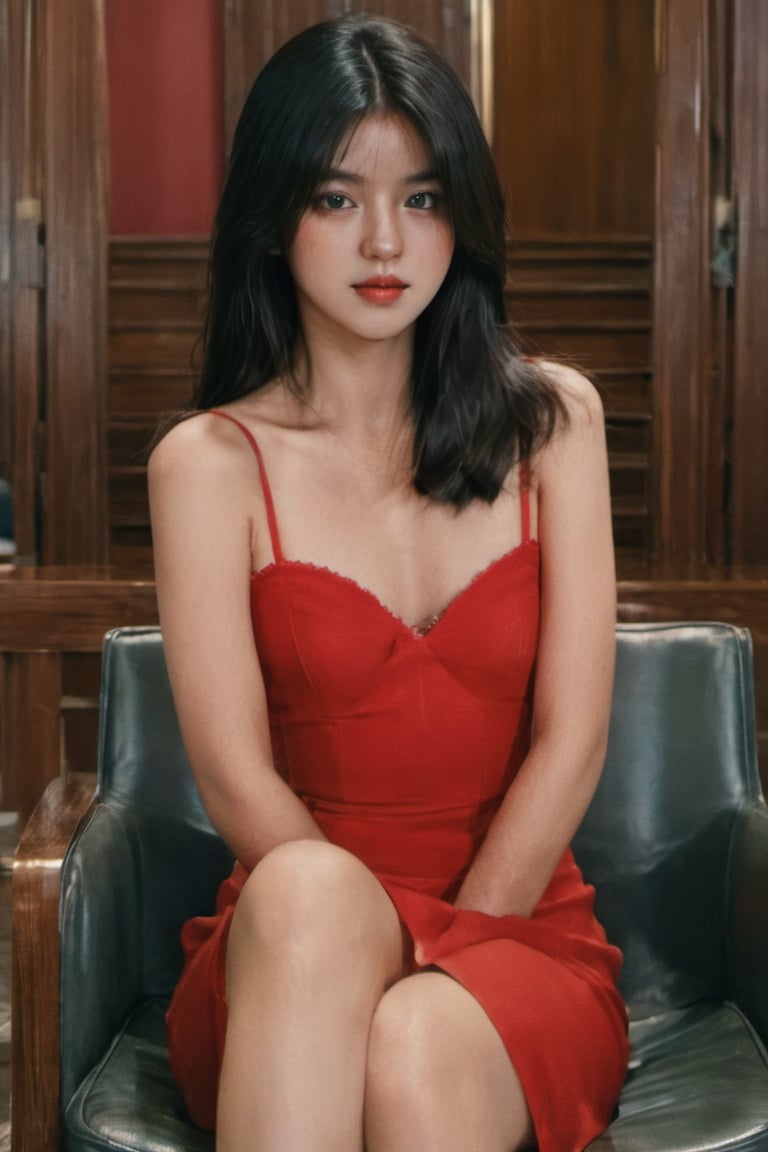 FilmGirl, 1girl, solo, black hair, dress, realistic, red dress, long hair, sitting, bare shoulders, looking at viewer, lips apart, breasts, collarbone, black eyes, lips, transparent, off shoulder, small breastsVonzy SDXL (LoRa) Indonesia