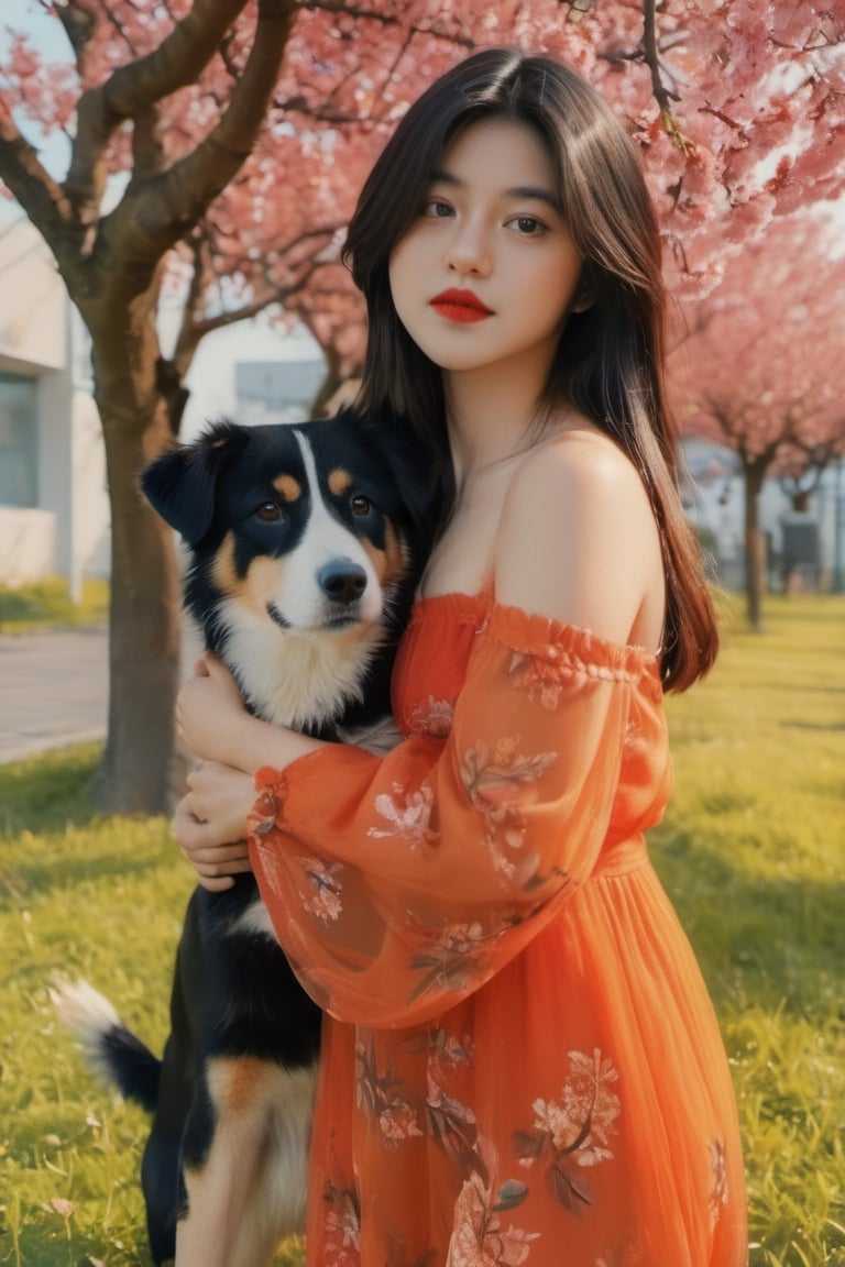 cinematic film still (masterpiece, best quality, ultra realistic, 32k, RAW photo, detailed skin, 8k uhd, high quality:1.2), FilmGirl, 1girl, Accompanied by a Siberian dog, black hair, tube dress, realistic, orange dress with blue, long hair, standing next to a cherry tree, arms behind the head, bare shoulders, looking at viewer, lips apart, breasts, collarbone, black eyes, red lips, transparent, off shoulder, small breastsVonzy SDXL (LoRa) Indonesia, 2girl, Accompanied by a Siberian dog, black hair, dress, realistic, orange dress with violet long hair, standing next to a cherry tree, arms behind the head, bare shoulders, looking at viewer, lips apart, breasts, collarbone, black eyes, red lips, transparent, off shoulder, small breastsVonzy SDXL (LoRa) Indonesia