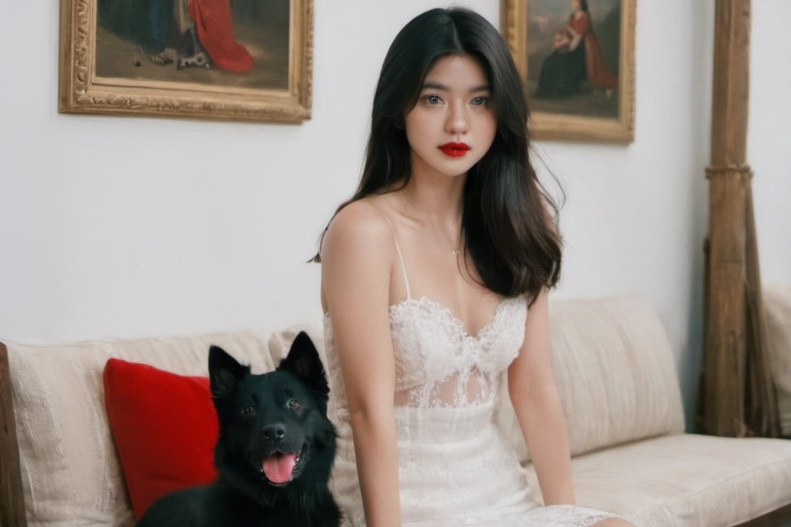 cinematic film still (masterpiece, best quality, ultra realistic, 32k, RAW photo, detailed skin, 8k uhd, high quality:1.2), FilmGirl, 1girl, Accompanied by a Siberian dog, black hair, tube dress, realistic, red dress, long hair, sitting, arms behind the head, bare shoulders, looking at viewer, lips apart, breasts, collarbone, black eyes, red lips, transparent, off shoulder, small breastsVonzy SDXL (LoRa) Indonesia, 2girl, Accompanied by a Siberian dog, black hair, dress, realistic, white dress, long hair, sitting, arms behind the head, bare shoulders, looking at viewer, lips apart, breasts, collarbone, black eyes, red lips, transparent, off shoulder, small breastsVonzy SDXL (LoRa) Indonesia