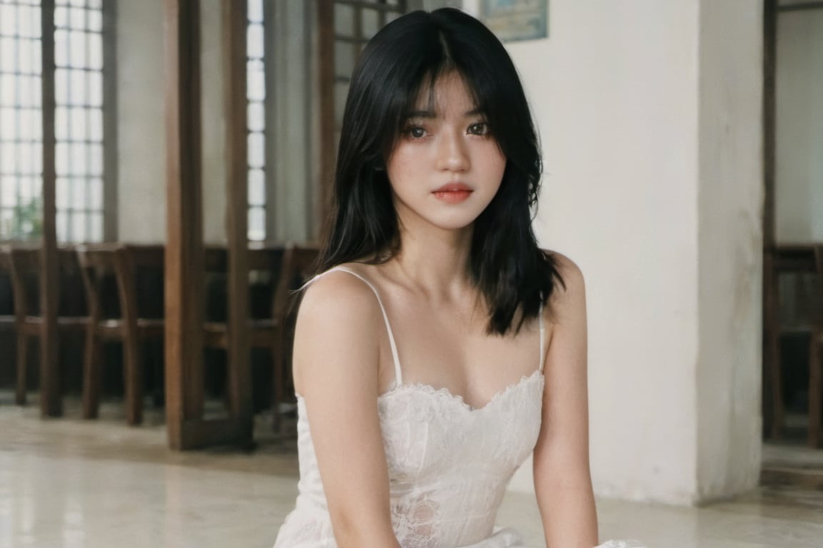 FilmGirl, 1girl, solo, black hair, dress, realistic, white dress, long hair, sitting, bare shoulders, looking at viewer, lips apart, breasts, collarbone, black eyes, lips, transparent, off shoulder, small breastsVonzy SDXL (LoRa) Indonesia