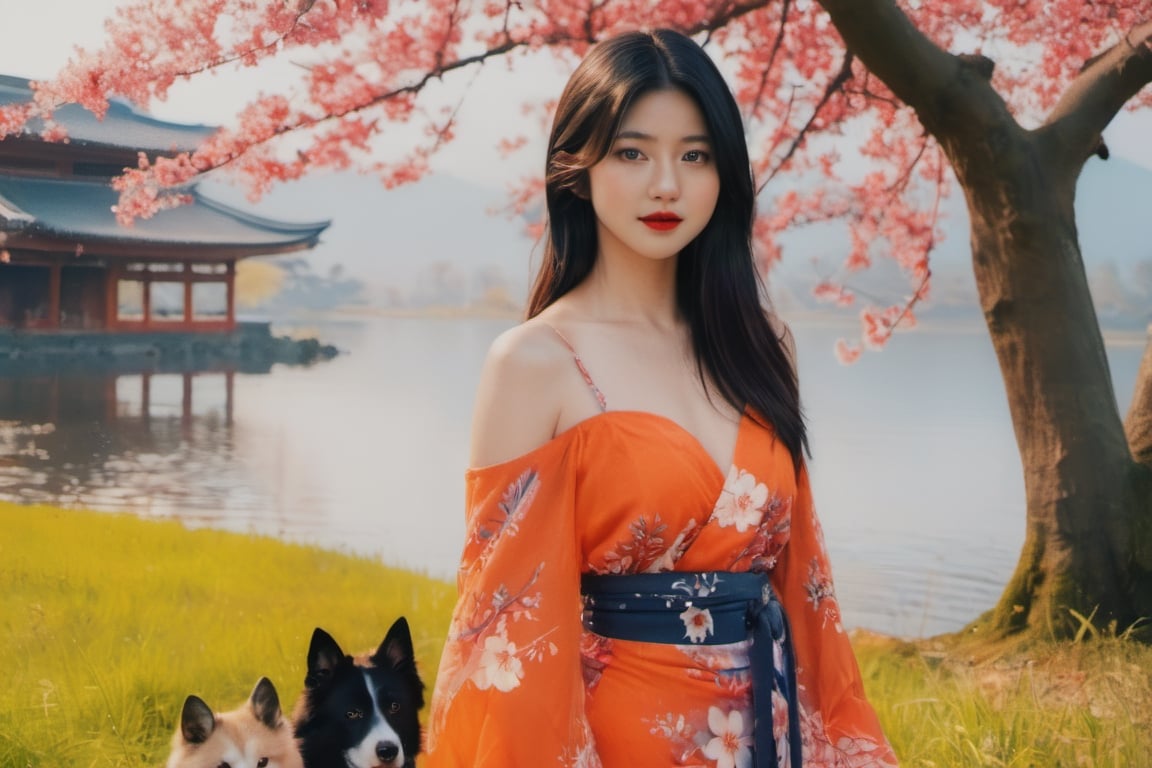 cinematic film still (masterpiece, best quality, ultra realistic, 32k, RAW photo, detailed skin, 8k uhd, high quality:1.2), FilmGirl, 1girl, Accompanied by a Siberian dog, black hair, traditional japanese dress, realistic, orange dress with blue, long hair, standing next to a cherry tree, arms behind the head, bare shoulders, looking at viewer, lips apart, big breasts, collarbone, black eyes, red lips, transparent, off shoulder, big breastsVonzy SDXL (LoRa) Indonesia, 2girl, Accompanied by a Siberian dog, black hair, traditional japanese dress, realistic, orange dress with violet long hair, standing next to a cherry tree, arms behind the head, bare shoulders, looking at viewer, lips apart, big breasts, collarbone, black eyes, red lips, transparent, off shoulder, very big breastsVonzy SDXL (LoRa) Indonesia