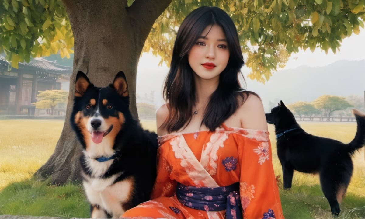 cinematic film still (masterpiece, best quality, ultra realistic, 32k, RAW photo, detailed skin, 8k uhd, high quality:1.2), FilmGirl, 1girl, Accompanied by a Siberian dog, black hair, traditional japanese dress, realistic, orange dress with blue, long hair, standing next to a cherry tree, arms behind the head, bare shoulders, looking at viewer, lips apart, big breasts, collarbone, black eyes, red lips, transparent, off shoulder, big breastsVonzy SDXL (LoRa) Indonesia, 2girl, Accompanied by a Siberian dog, black hair, traditional japanese dress, realistic, orange dress with violet long hair, standing next to a cherry tree, arms behind the head, bare shoulders, looking at viewer, lips apart, big breasts, collarbone, black eyes, red lips, transparent, off shoulder, very big breastsVonzy SDXL (LoRa) Indonesia