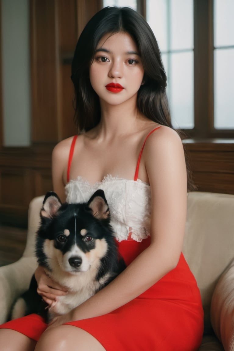 cinematic film still (masterpiece, best quality, ultra realistic, 32k, RAW photo, detailed skin, 8k uhd, high quality:1.2), FilmGirl, 1girl, Accompanied by a Siberian dog, black hair, tube dress, realistic, red dress, long hair, sitting, arms behind the head, bare shoulders, looking at viewer, lips apart, breasts, collarbone, black eyes, red lips, transparent, off shoulder, small breastsVonzy SDXL (LoRa) Indonesia, 2girl, Accompanied by a Siberian dog, black hair, dress, realistic, white dress, long hair, sitting, arms behind the head, bare shoulders, looking at viewer, lips apart, breasts, collarbone, black eyes, red lips, transparent, off shoulder, small breastsVonzy SDXL (LoRa) Indonesia