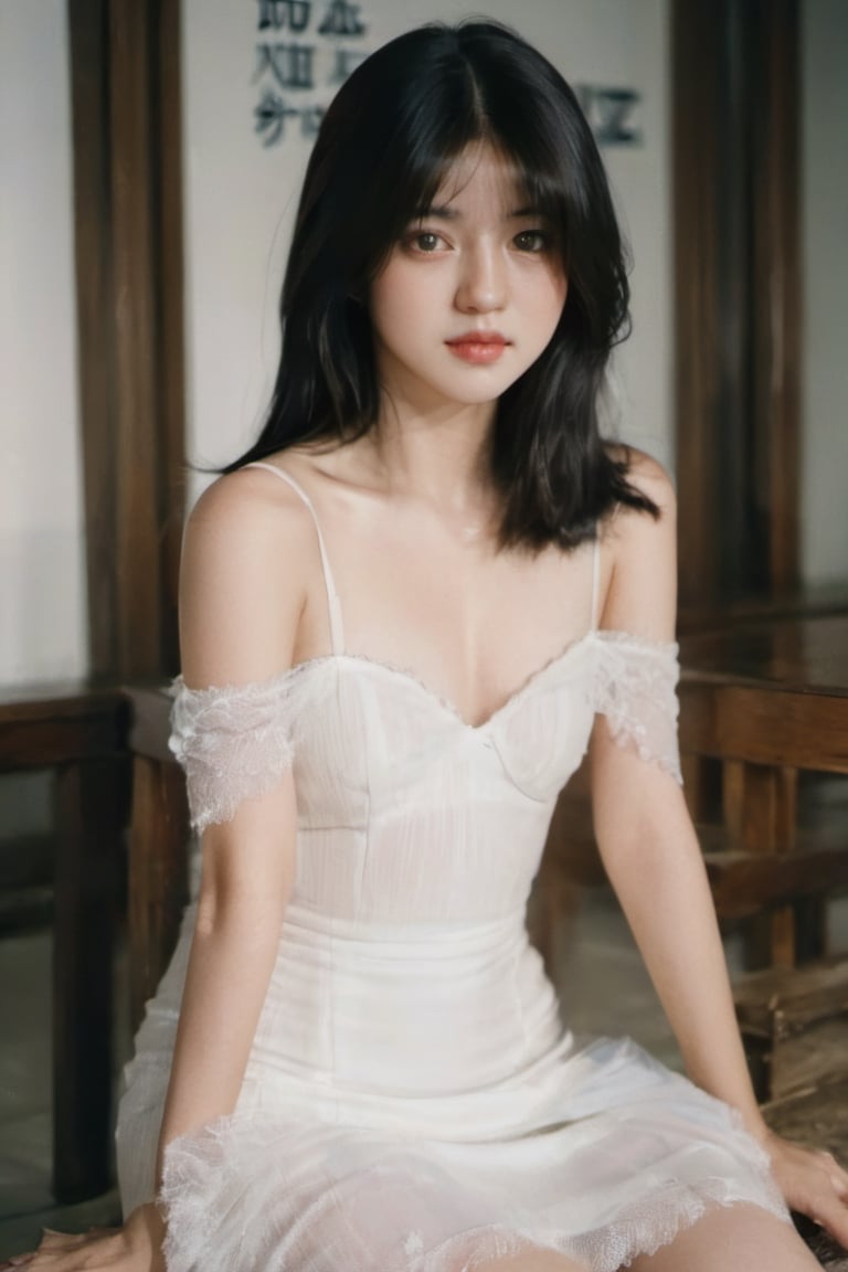 FilmGirl, 1girl, solo, black hair, dress, realistic, white dress, long hair, sitting, bare shoulders, looking at viewer, lips apart, breasts, collarbone, black eyes, lips, transparent, off shoulder, small breastsVonzy SDXL (LoRa) Indonesia