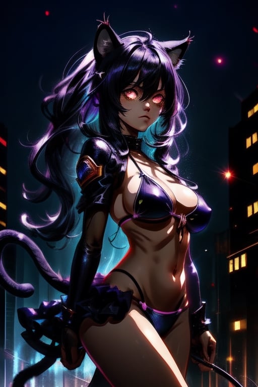 Beautiful catgirl, cat ears, bewitching cat eyes, cat tail. Beautiful　black hair, bikini, wrapped in an aura of light, a born warrior, protected by a guardian beast, fighting evil in the urban darkness.,High detailed 