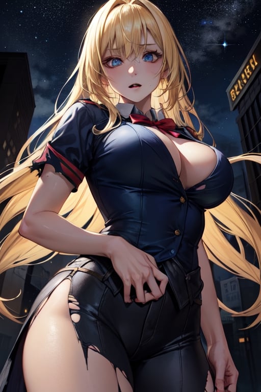 A beautiful vampire, blonde hair reaching down to her waist, skin unhealthily pale, deep blue eyes starry. Her expression is dark and agonized. She is wearing a high school girl's uniform, her clothes are disheveled, torn at the chest after a fight, some of her blood has spilled, and she is fighting zombies.