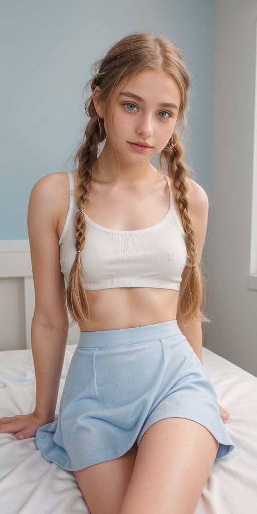1 teen girl, 15 years old, looking at viewer, light blue eyes , full frame body,  brown eyes,  small breast, long wavy blonde hair, slim face, pointy nose, light freckles, dimples, whole body,  full body shot, full sexy body, pretty face, natural, wearing a sexy cotton skirt , sexy cotton top, sexy thighs and legs, white socks, bare sholders, amazing legs, plain studio background, ultrarealistic, photography, high definition, high contrast, wearing hair pins, pinned up hair, pov male, pigtails, braids, high_resolution, daddy's girl, jailbait teen, long legs