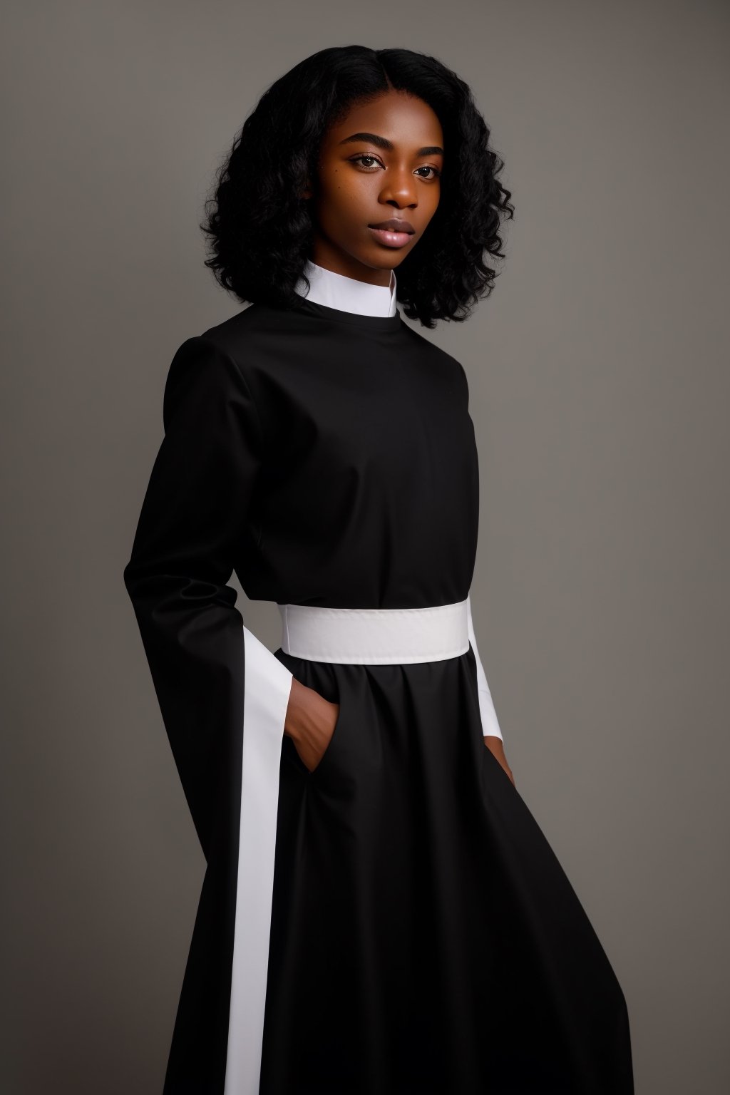 (black Ghanaian African, dark-skinned_male, black skin, dark skin), (((femboy, trap, feminine female face, androgynous, effeminate))), ((wide hips)), perfect hands, ((Christian Protestant priest plain black cassock uniform)), hairless, clean shaven,1boy, skinny, lean, slender, slim, thin, femboy, dark detailed perky nipples areolae,photorealistic,Masterpiece,Detailedface,effeminate