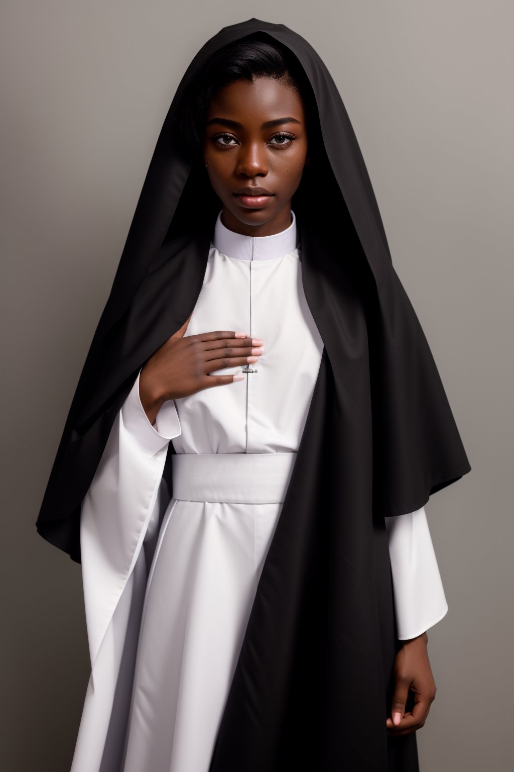 (black Ghanaian African, dark-skinned_male, black skin, dark skin), (((femboy, trap, feminine female face, androgynous, effeminate))), ((wide hips)), perfect hands, ((Christian priest uniform black cassock)), hairless, clean shaven,1boy, skinny, lean, slender, slim, thin, femboy, dark detailed perky nipples areolae,photorealistic,Masterpiece,Detailedface,effeminate