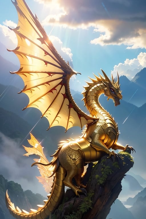 ((masterpiece)),(best quality),(((16K, UHD))), Create a captivating painting featuring a legendary winged dragon adorned in resplendent golden armor and wielding intricately designed gold weapons. The dragon stands as a guardian of nature, using its mystical powers to ((summon rain clouds)) and bring forth (rain). Its sunlit scales reflect the golden glow, with an enchanting aura surrounds it