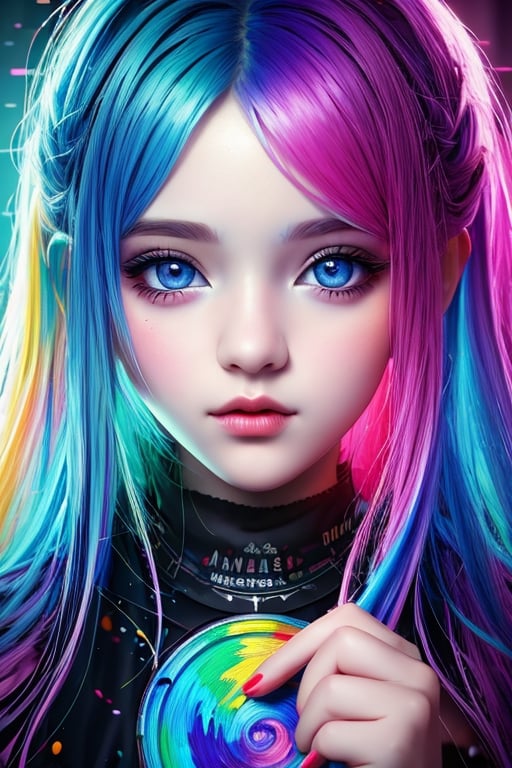 ((masterpiece)), (((best quality))), illustration, 1 girl, looking at viewer, beautiful detailed eyes,  extremely detailed CG unity 8k wallpaper,,rainbow hair, holding a paint brush,Glitching