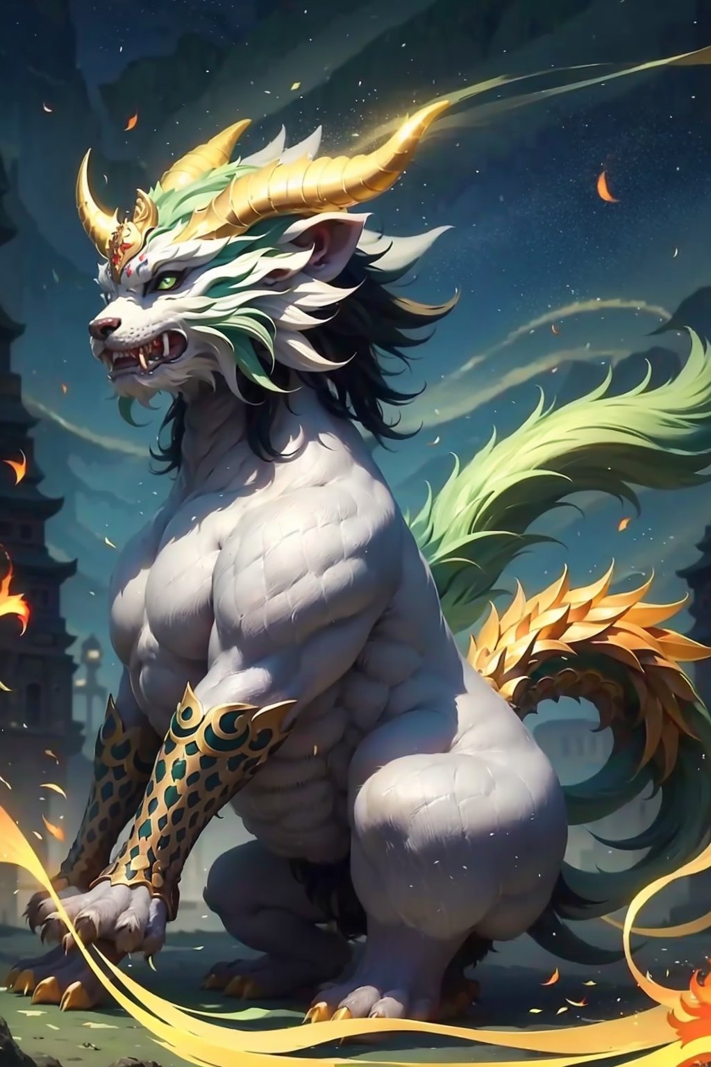 ((masterpiece)), (best quality), (((16K, UHD))),  Pixiu is a formidable mythical creature characterized by a unique appearance. Resembling bear with ((gray|green fur)), monster,it combines features of tigers and leopards, exuding a powerful aura. It also possesses a dragon-like head and tail, with wings on its shoulders that cannot be unfurled. Additionally, it sports a backward-tilting horn on its head. 