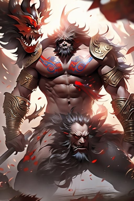 ((masterpiece)), (best quality), (((16K, UHD))),  a courageous monster from Chinese mythology, male,god of war,((axe)), (((headless,no head))),great strength, chest as eye, stomach as mouth,monster