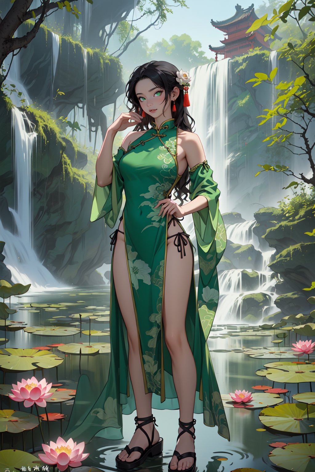 ((masterpiece, Best quality, A high resolution, ultra detailed),(beautiful and aesthetically pleasing:1.2), 1 woman, adult, perfect body, wavy black hair, ((green eyes)), detailed eyes and face, whole body, Chinese dress, chinese sandals, chinatown, lotus pond, Waterfall, The Dragon