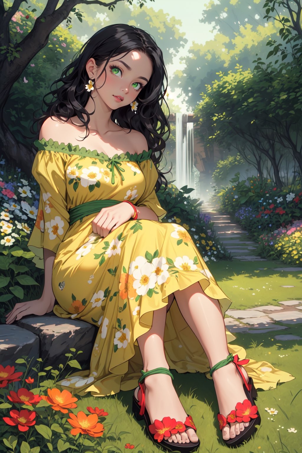 ((masterpiece, Best quality, A high resolution, ultra detailed),(beautiful and aesthetically pleasing:1.2), 1 woman, adult, perfect body, wavy black hair, ((green eyes)), detailed eyes and face, whole body, flowers, garden, grass, trees, yellow pregnancy dress with flowers print,  sandals,