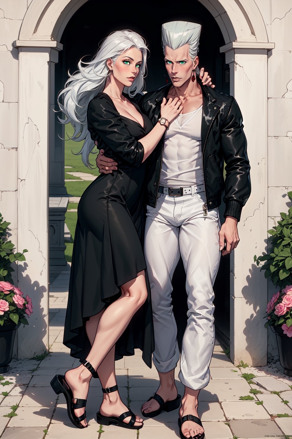 (Masterpiece, Best quality, Absurd, HDR, 8K,), (beautiful and aesthetically pleasing: 1.2), (man, polnareff, White hair, Blue eyes, male body, male focus, ((black jacket, white shirt, black trousers, black shoes)), many flowers, garden, castle, polnareff, (((woman, perfect body, ((black long hair)), green eyes, colour dress, sandals))), lovers, man and woman hugging, love, date,