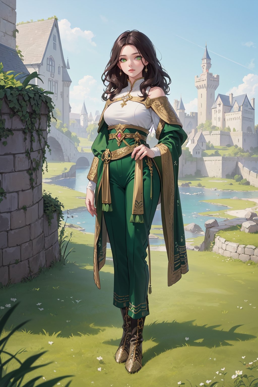 ((Masterpiece, Best quality, A high resolution, ultra detailed),(beautiful and aesthetically pleasing:1.2), 1 woman, adult, Perfect body, Wavy dark hair, beautiful luxurious hairstyle, ((Green eyes)), detailed eyes and face, whole body, Healer outfit, trousers, boot, Middle Ages, RPG, Medieval landscape, Castle, full body,1guy