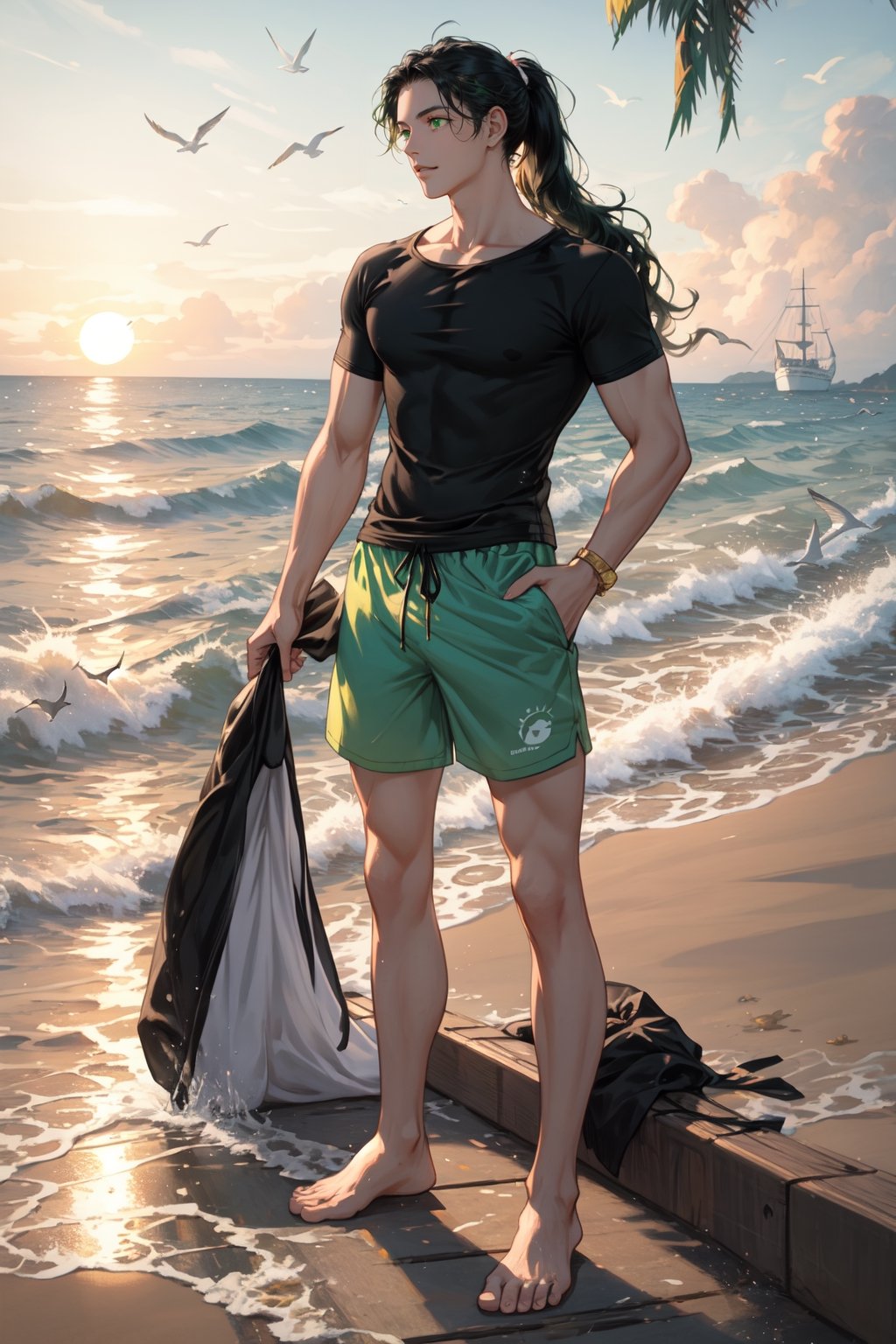  (masterpiece, Best quality, a high resolution, ultra detailed), (beautiful and aesthetically pleasing: 1.2), ((1 man)), adult, ((black hair)), ((long wavy ponytail hair)), ((Green eyes)), Male focus, male body, (slight smile: 0.8), detailed eyes and face , Full length figure, port, boats, beach, sea ships, sea, sun, splashes of water, seagulls, beach shorts, drink lemonade, palm trees, waves, golden hour, bare feet,1boy