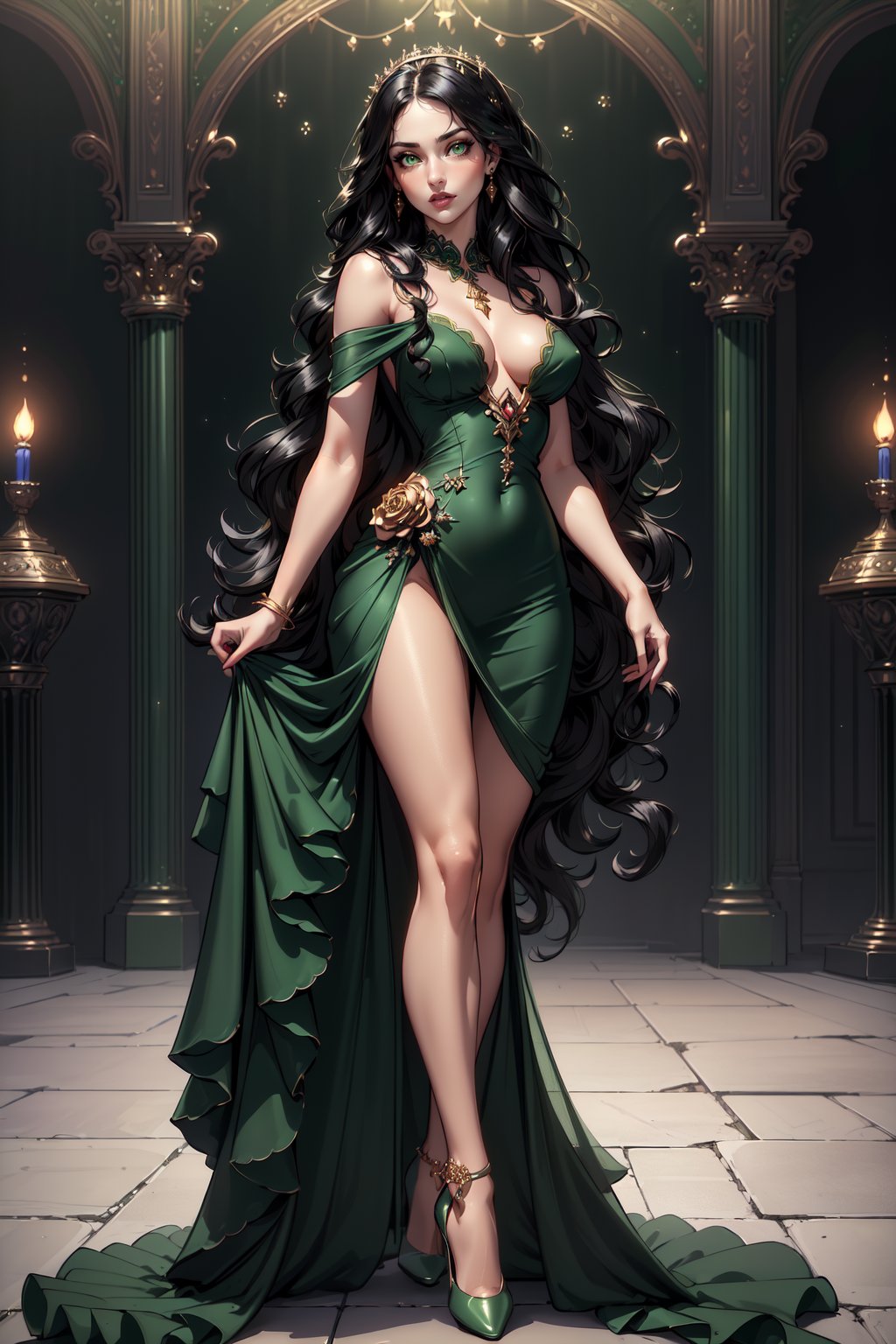 ((masterpiece, Best quality, A high resolution, ultra detailed), (beautiful and aesthetically pleasing:1.2), Detailed eyes and face, full body, (1 woman), adult, (black long wavy hair), (green eyes), female body, female focus, Beautiful body, perfect body, 
 full body, garem outfit, beautiful sexy dress, erotic dress, pumps, birthday party, night party, 