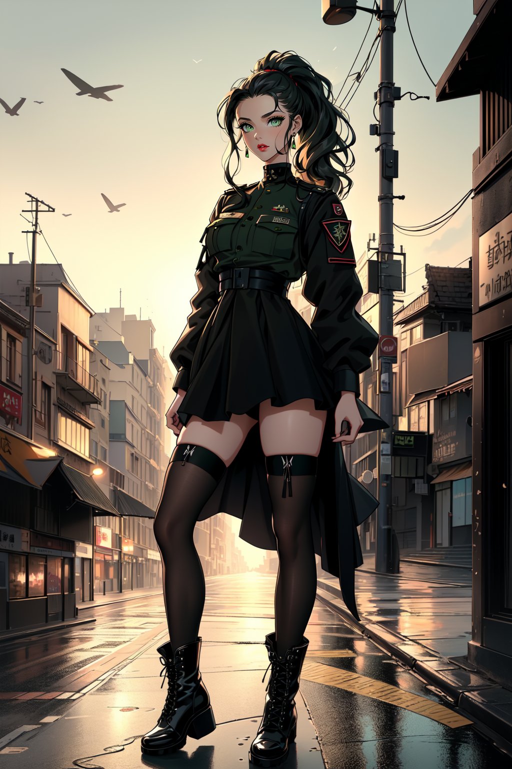  (masterpiece, best quality, high resolution, ultra detail), (beautiful and aesthetic: 1.2), detailed eyes and face, full body, 1woman, black long wavy hair, ponytail hair, (green eyes), perfect body, female body, female focus, red lips, beautiful makeup, black military uniform with a skirt, black military jacket, military boots, black stockings, city, evening, streets