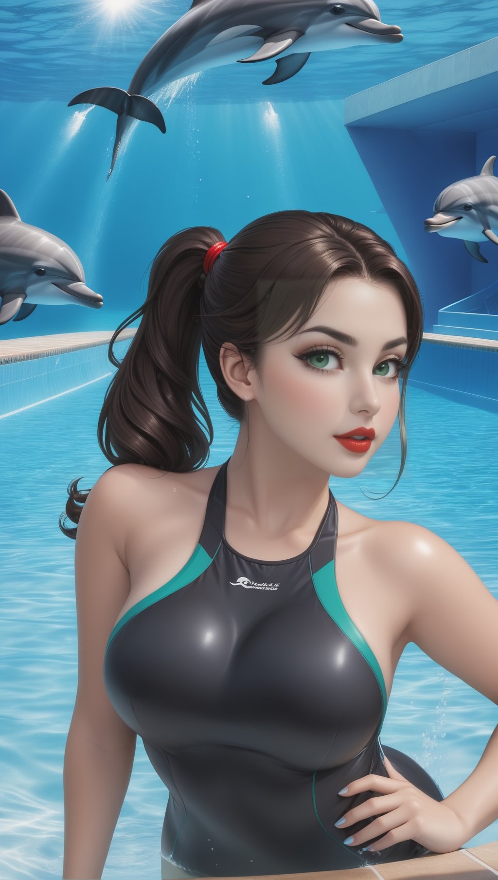 (((Masterpiece, hiquality, absurdress), 1Woman, (( dark colored hair)), The eyes are green, Her hair is pulled back in a ponytail, Wavy Hair, hairlong, big breastes, a perfect face, sports body, 独奏, Detailed eyes and face, Bright make-up, red-lips, Romantic Date, Dolphinarium, Swimming pool with dolphins, Dolphins perform tricks, Splashing water