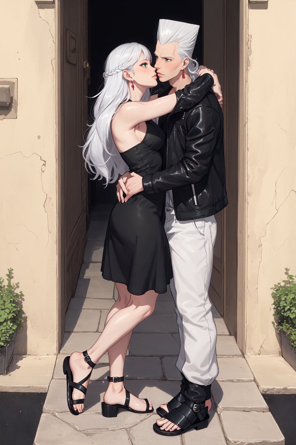 (Masterpiece, Best quality, Absurd, HDR, 8K,), (beautiful and aesthetically pleasing: 1.2), (man, polnareff, White hair, Blue eyes, male body, male focus, ((black jacket, white shirt, black trousers, black shoes)), many flowers, garden, castle, polnareff, (((woman, perfect body, ((black long hair)), green eyes, colour dress, sandals))), lovers, man and woman hugging, love, date,