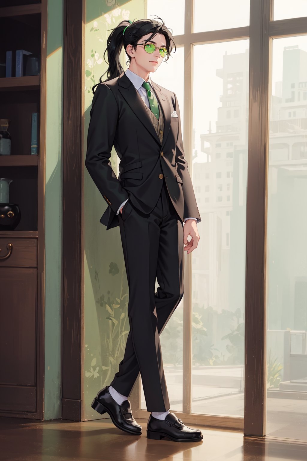  (masterpiece, Best quality, a high resolution, ultra detailed), (beautiful and aesthetically pleasing: 1.2), ((1 man)), adult, ((black hair)), ((long wavy ponytail hair)), ((Green eyes)), Male focus, male body, (slight smile: 0.8), detailed eyes and face , Full length figure, Tailored suit jacket, Crewneck sweater, Tapered trousers, Monk strap shoes, Leather portfolio, Classic aviator sunglasses