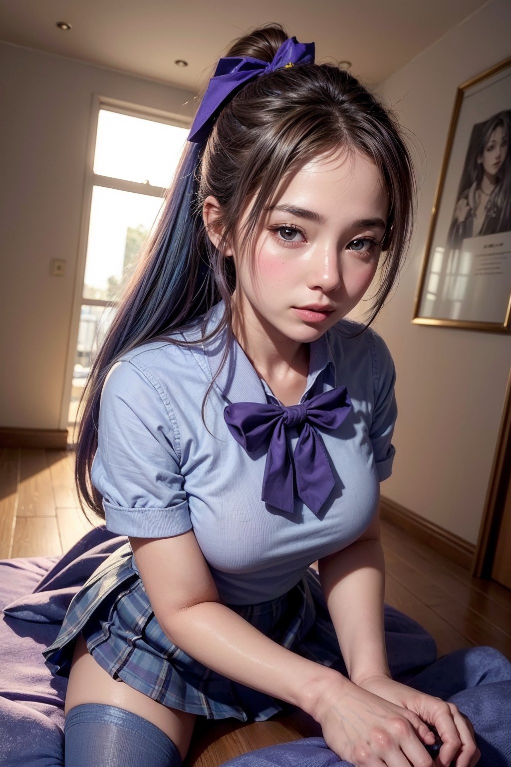 ((From bottom view)),realistic, high resolution, soft light,young girl ,solo, shining skin,perfect hands,perfect fingers((very detailed illustration)),god's hand((In the style of serpieri)),violet uniform,blue tie , standing,school uniform,full body, (medium breast),violet skirt ,blue hair, ponytail, violet bandana