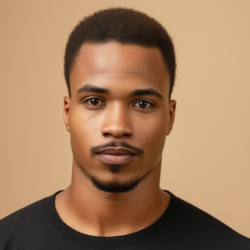 a close up photo of an African 27 year old man, looking at the camera, small goatee and tiny mustache, relaxed expression, wearing a black tee shirt, average body type, close-cut buzz hairstyle, studio lighting, fashion photography, studio picture, soft lit, soft lighting, 8k, photography, photoreal, studio photo, medium contrast photograph 