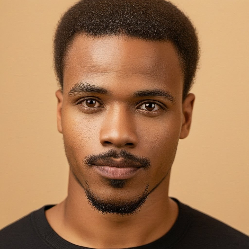 a close up photo of an African 27 year old man, looking at the camera, small goatee and tiny mustache, relaxed expression, wearing a black tee shirt, average body type, close-cut buzz hairstyle, studio lighting, fashion photography, studio picture, soft lit, soft lighting, 8k, photography, photoreal, studio photo, medium contrast photograph 