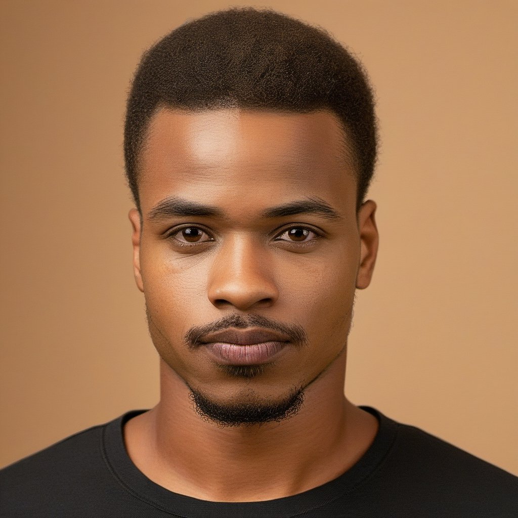 a close up photo of an African 27 year old man, looking at the camera, small goatee and tiny mustache, relaxed expression, wearing a black tee shirt, average body type, close-cut buzz hairstyle, studio lighting, fashion photography, studio picture, soft lit, soft lighting, 8k, photography, photoreal, studio photo, medium contrast photograph 