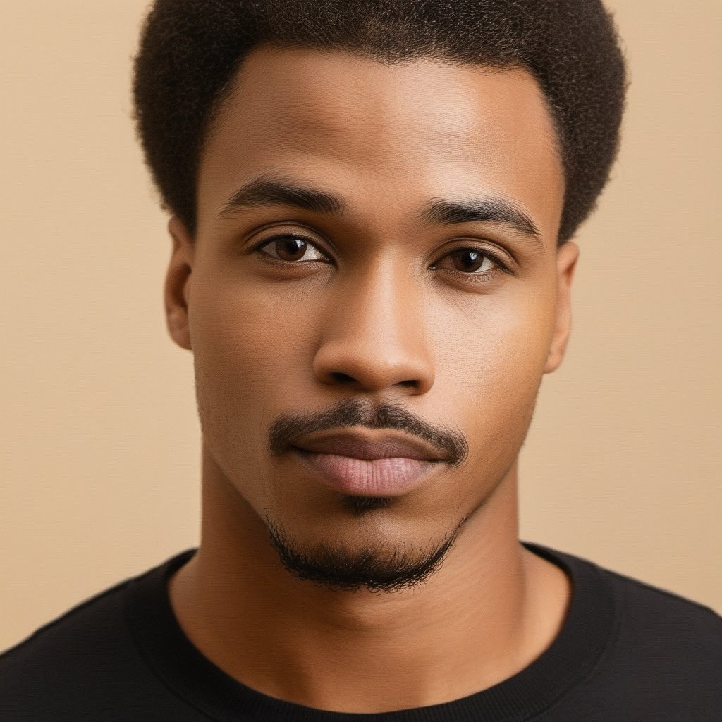 a close up photo of an African 27 year old man, looking at the camera, small goatee and tiny mustache, relaxed expression, wearing a black tee shirt, average body type, close-cut buzz hairstyle, studio lighting, fashion photography, studio picture, soft lit, soft lighting, 8k, photography, photoreal, studio photo, medium contrast photograph 