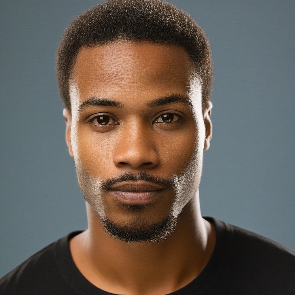 a close up photo of an African 27 year old man, looking at the camera, small goatee and tiny mustache, relaxed expression, wearing a black tee shirt, average body type, close-cut buzz hairstyle, studio lighting, fashion photography, studio picture, soft lit, soft lighting, 8k, photography, photoreal, studio photo, medium contrast photograph 