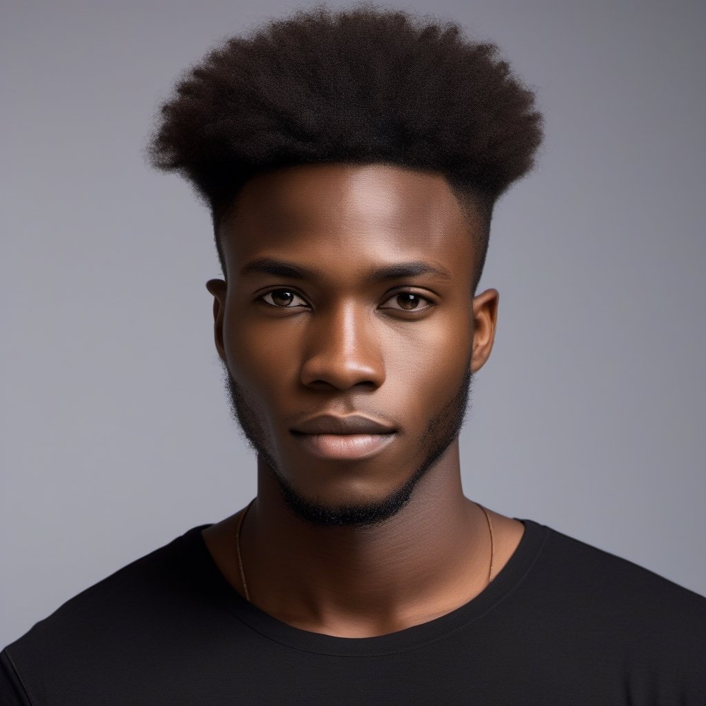 a close up photo of an African 27 year old man, looking at the camera, relaxed expression, wearing a black tee shirt, average body type, close-cut buzz hairstyle, studio lighting, fashion photography, studio picture, soft lit, soft lighting, 8k, photography, photoreal, studio photo, medium contrast photograph 