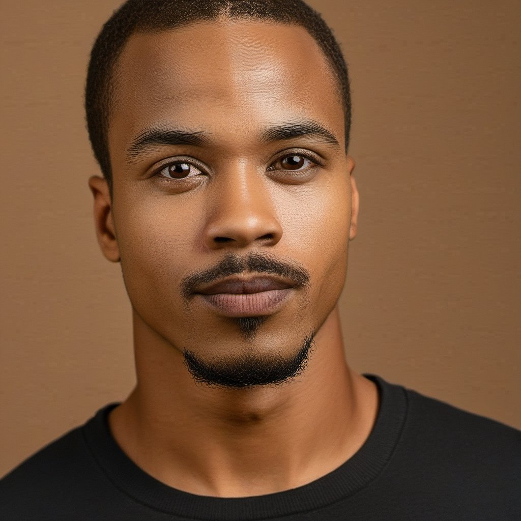 a close up photo of an African 27 year old man, looking at the camera, small goatee and tiny mustache, relaxed expression, wearing a black tee shirt, average body type, close-cut buzz hairstyle, studio lighting, fashion photography, studio picture, soft lit, soft lighting, 8k, photography, photoreal, studio photo, medium contrast photograph 