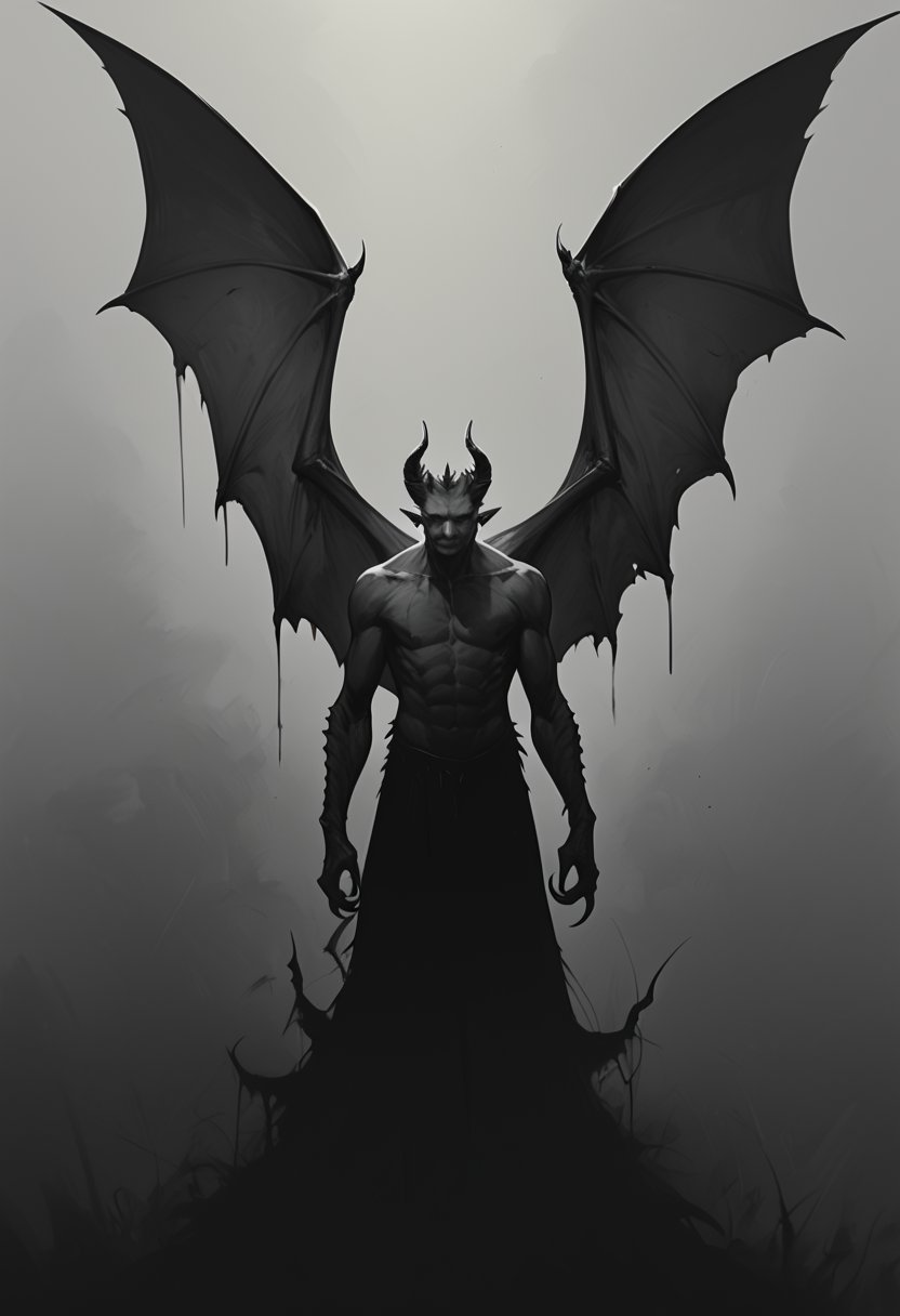 score_9, score_8_up, score_7_up,
txzndevil, solo, 1boy, monochrome, greyscale, male focus, wings, horns, no humans, claws, demon wings, monster, demon, horror \(theme\),masterpiece